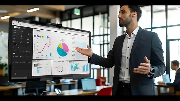 Digital marketer working on analytics dashboard in a modern office, USA.